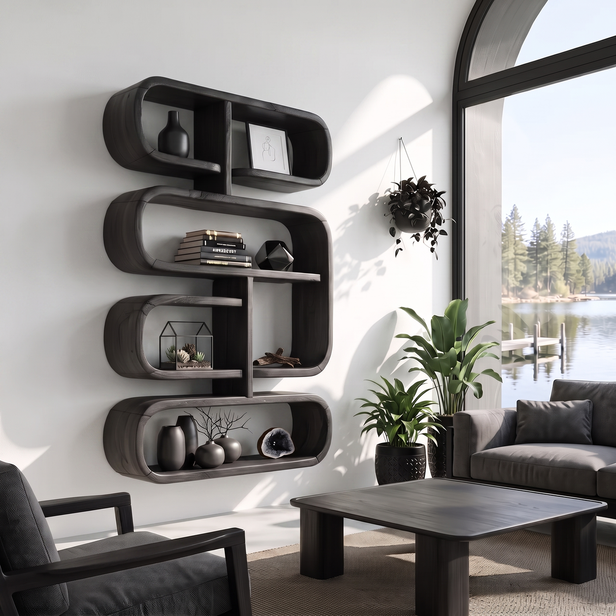 Mid Century Live Edge Display Shelf For Living Room Storage