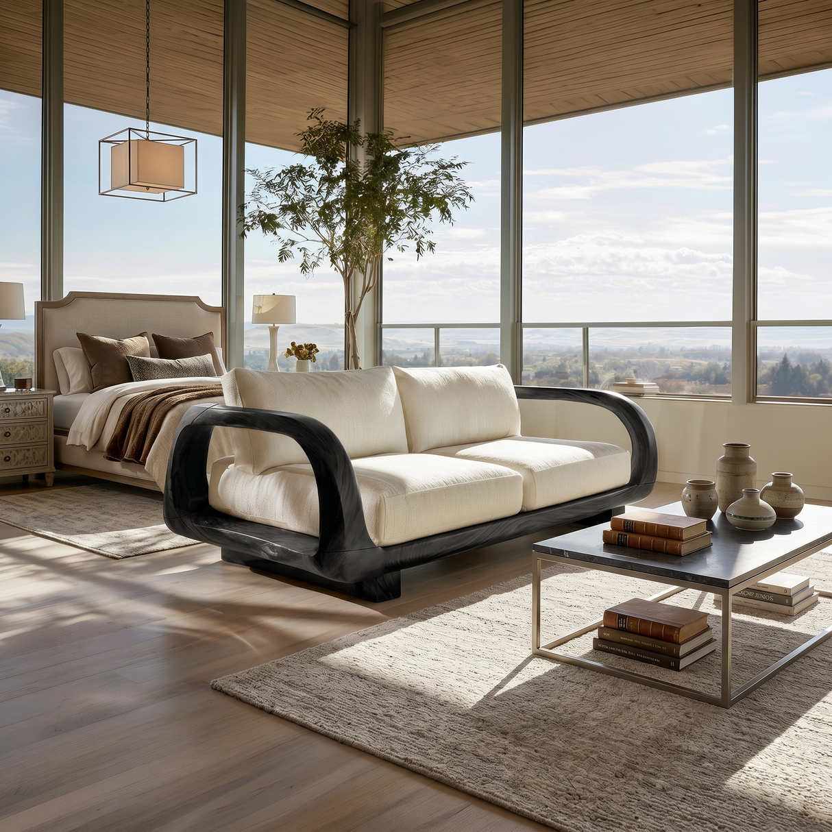 Modern Sculptural Wooden Sofa Contemporary Penthouse Living Room