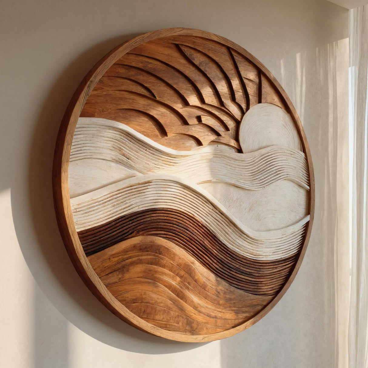 Minimalist Sun And Wave Wooden Wall Sculpture For Living room