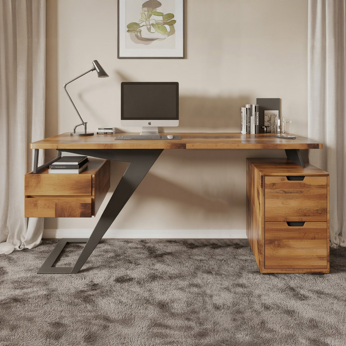 Modern Desk With Z Frame And Drawers For Home Office
