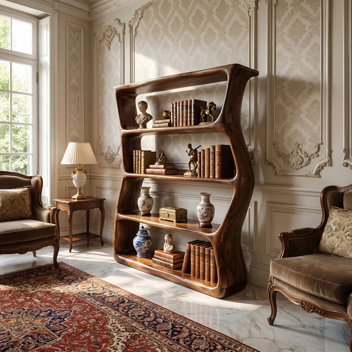 Contemporary Sculptural Bookcase Storage Organizer For Bedroom Space