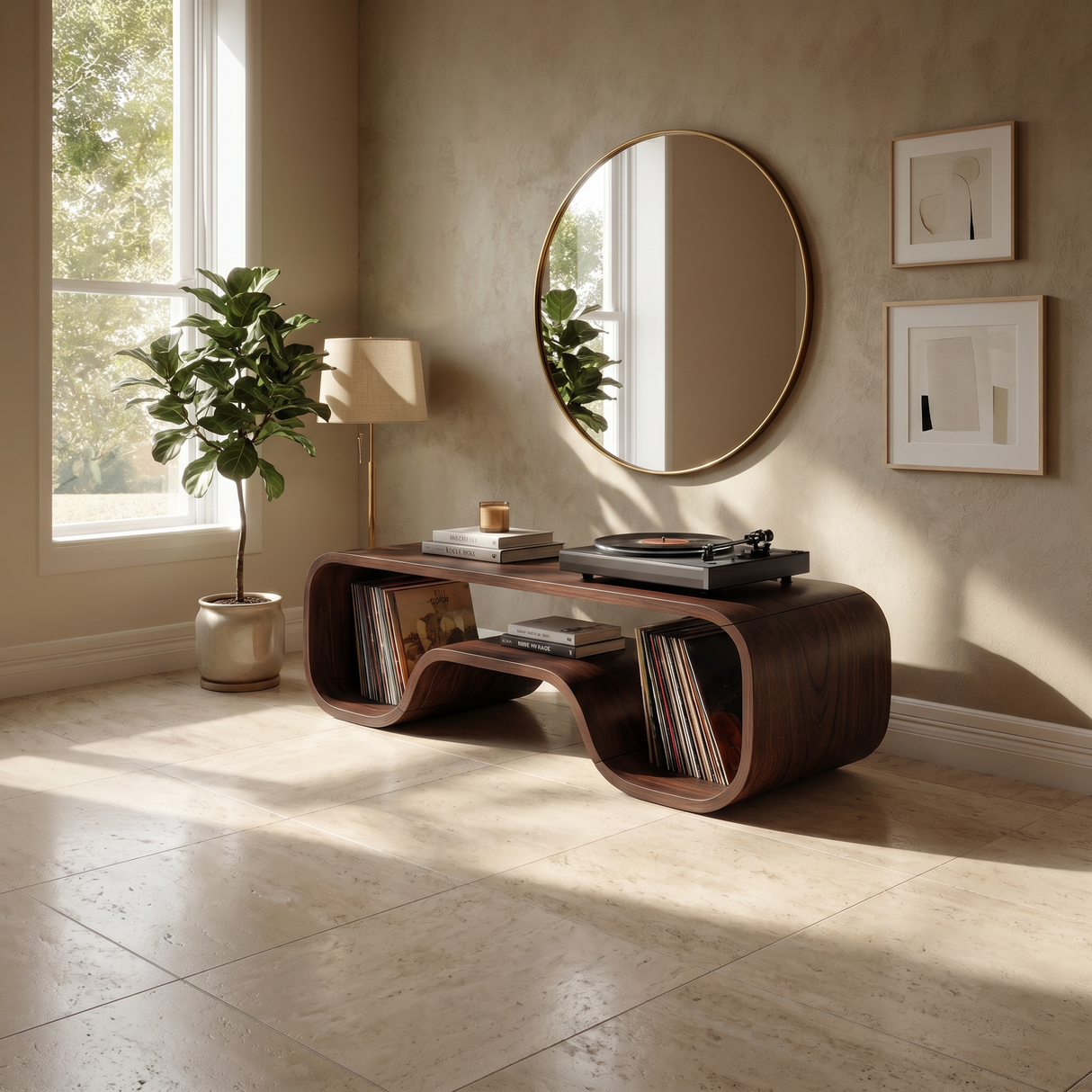 Japandi Curved Record Player Stand Audiophile Room