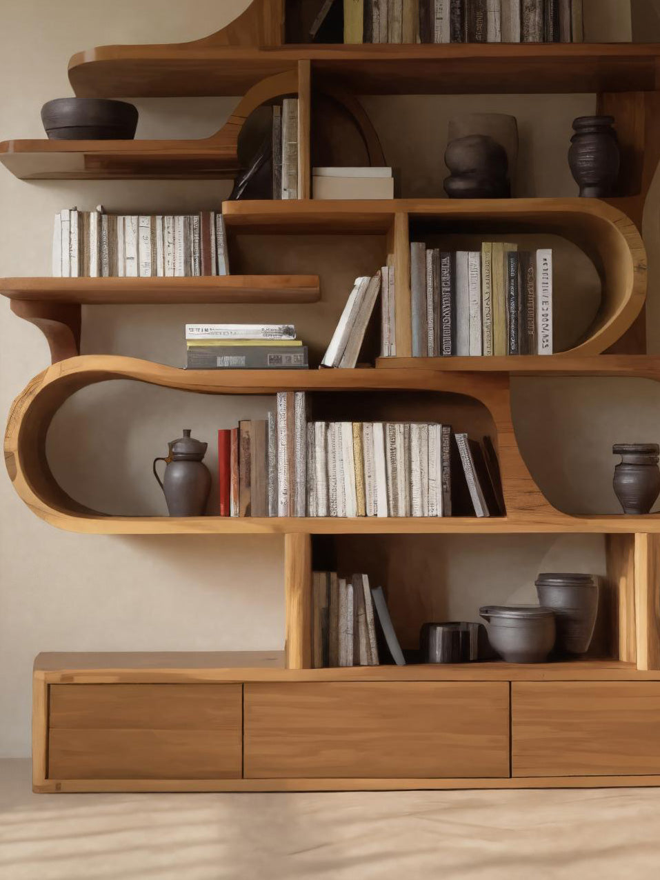 Modern Sculptural Bookshelf With Curved Design For Living Room Or Office