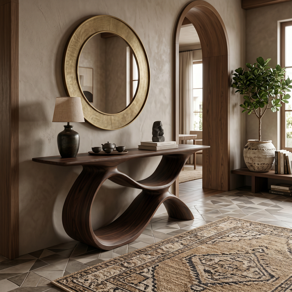 Modern Wooden Console Table With Curved Open Storage For Home