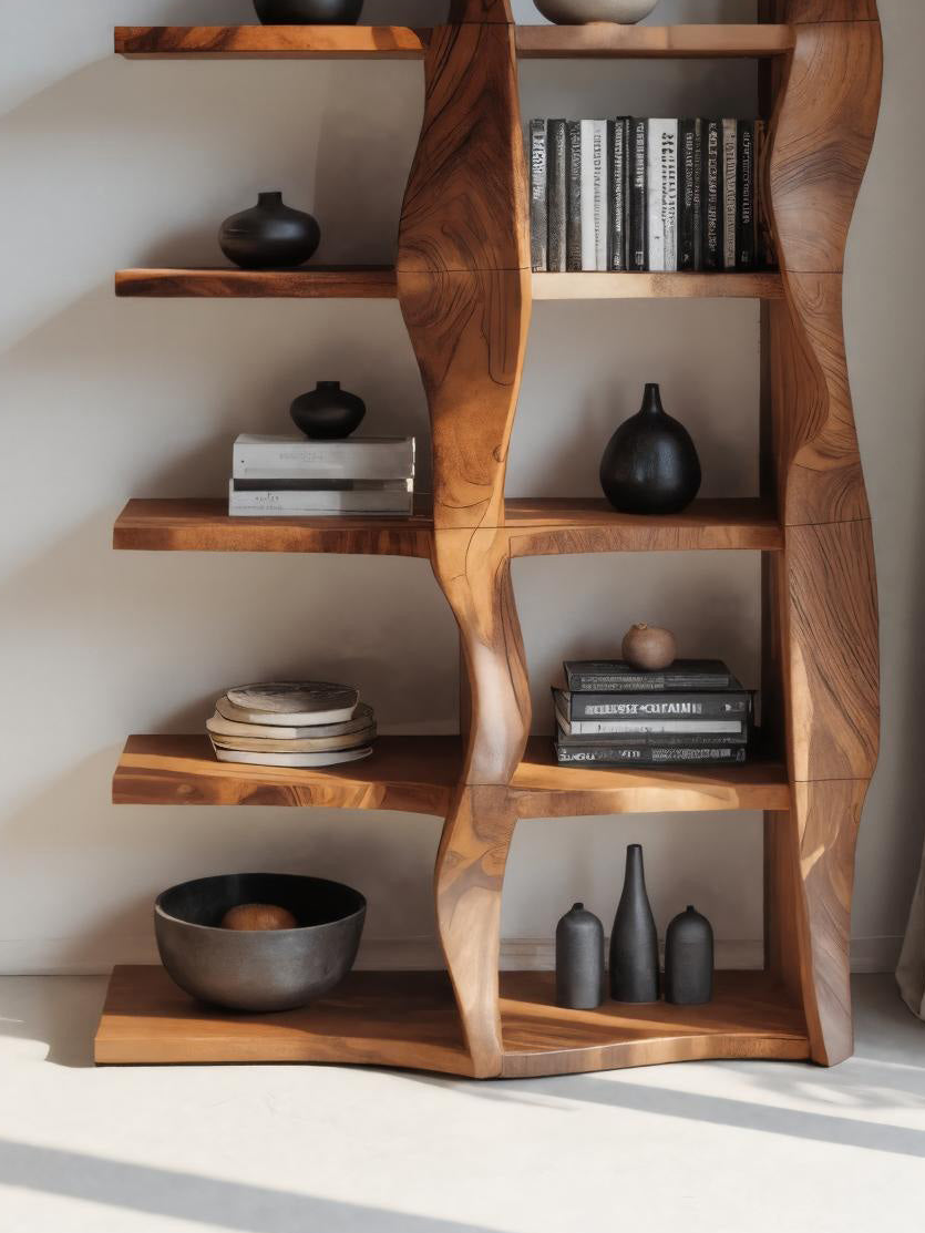 Sculptural Bookshelf With Flowing Wave Design For Living Room