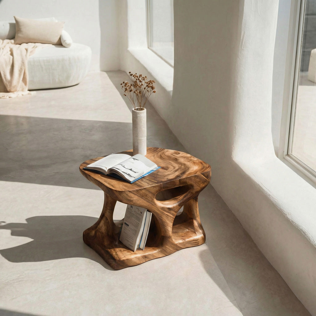 Scandinavian Solid Wood End Table With Minimal Curves And Open Shelf For Living Room