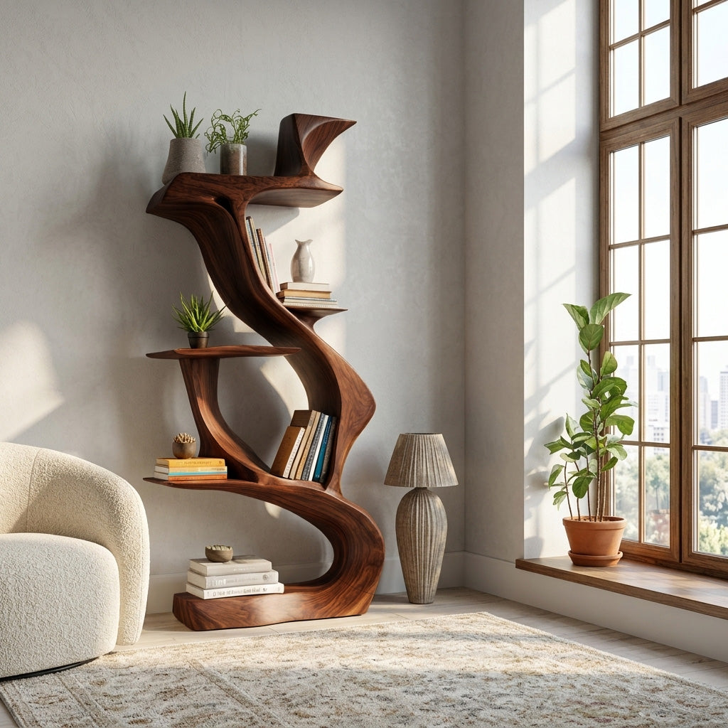Sculptural Natural Wood Bookshelf For Living Room