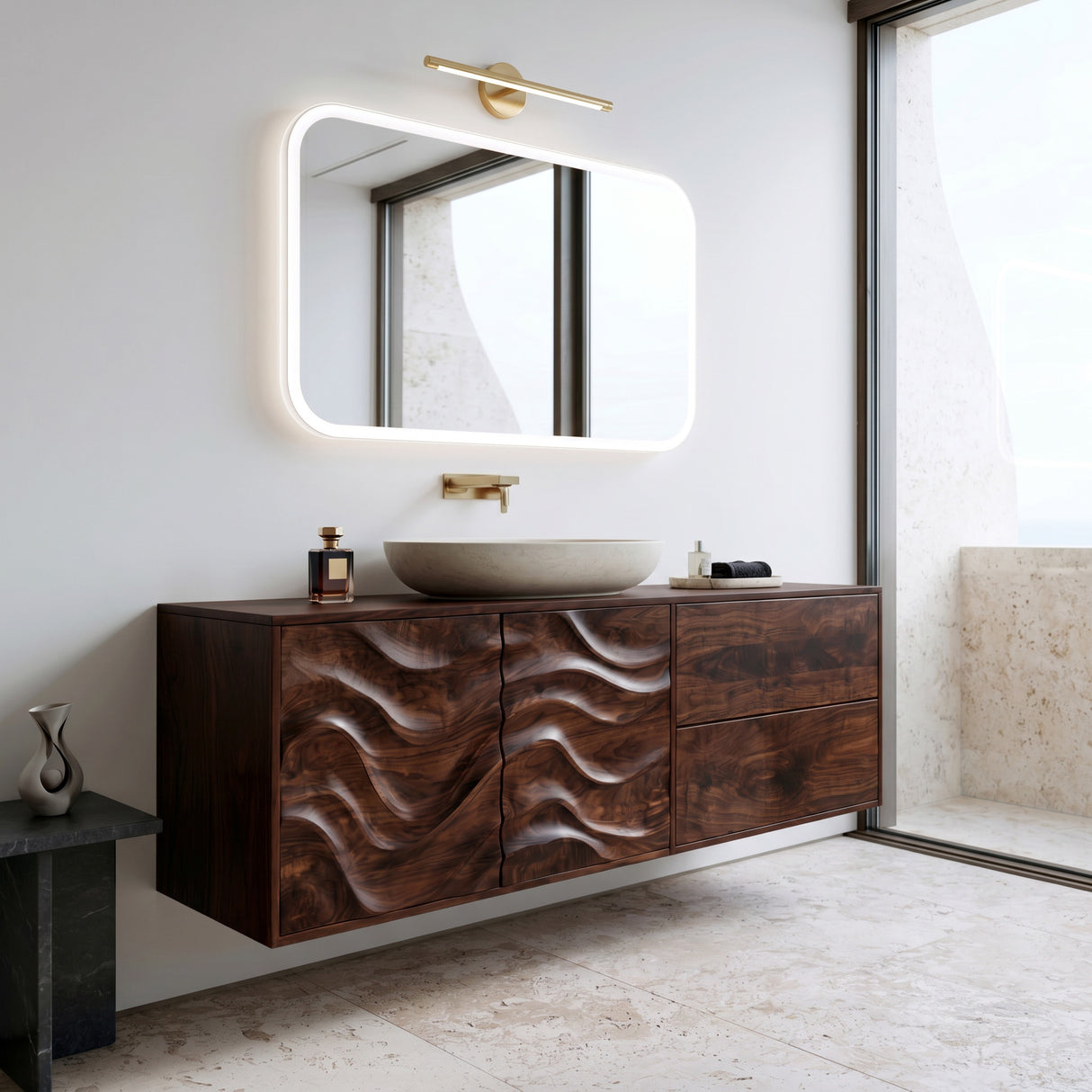 Modern Wave Carved Floating Bathroom Vanity For Master Bathroom