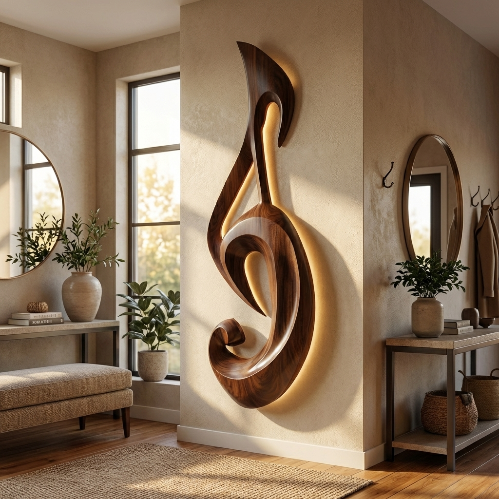 Artistic Wood Wall Art With Carving Musical Notes For Bedroom