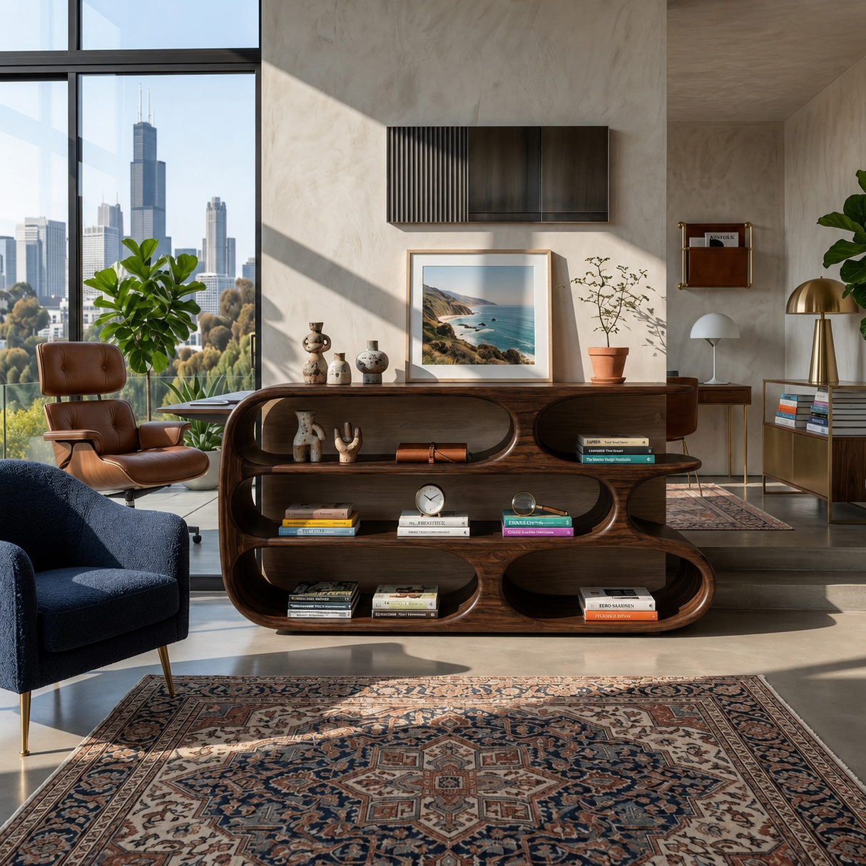 Modern Bookshelf With Sculptural Curves For Living Room Interior
