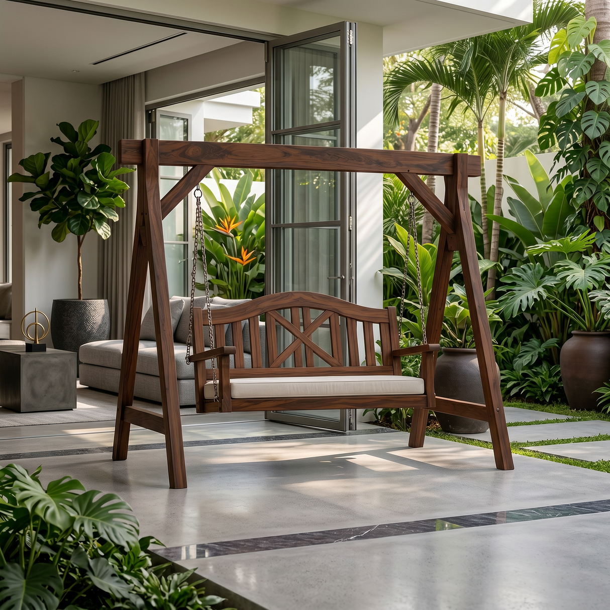 Mediterranean Wooden Swing Bench Villa Patio