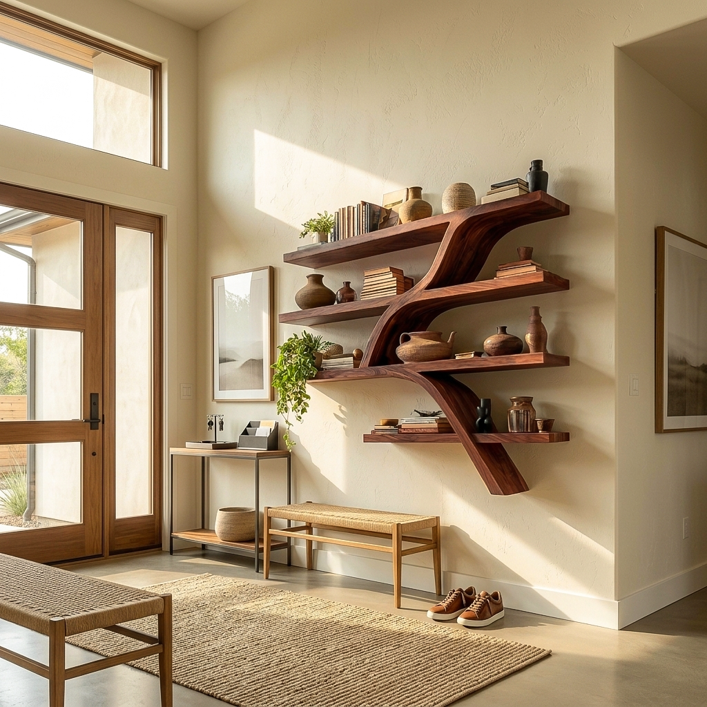 Handcrafted Wooden Wall Bookshelf With Organic Shape For Home