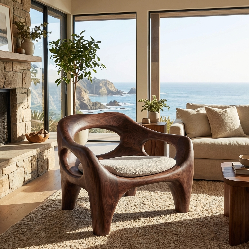 Modern Sculptural Natural Wood Accent Chair For Living Space