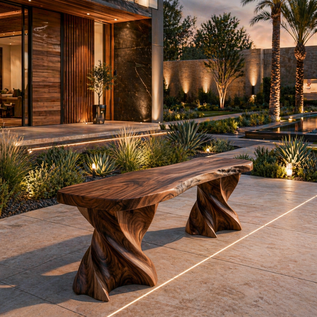 Contemporary Wooden Bench With Twisted Base For Home Living
