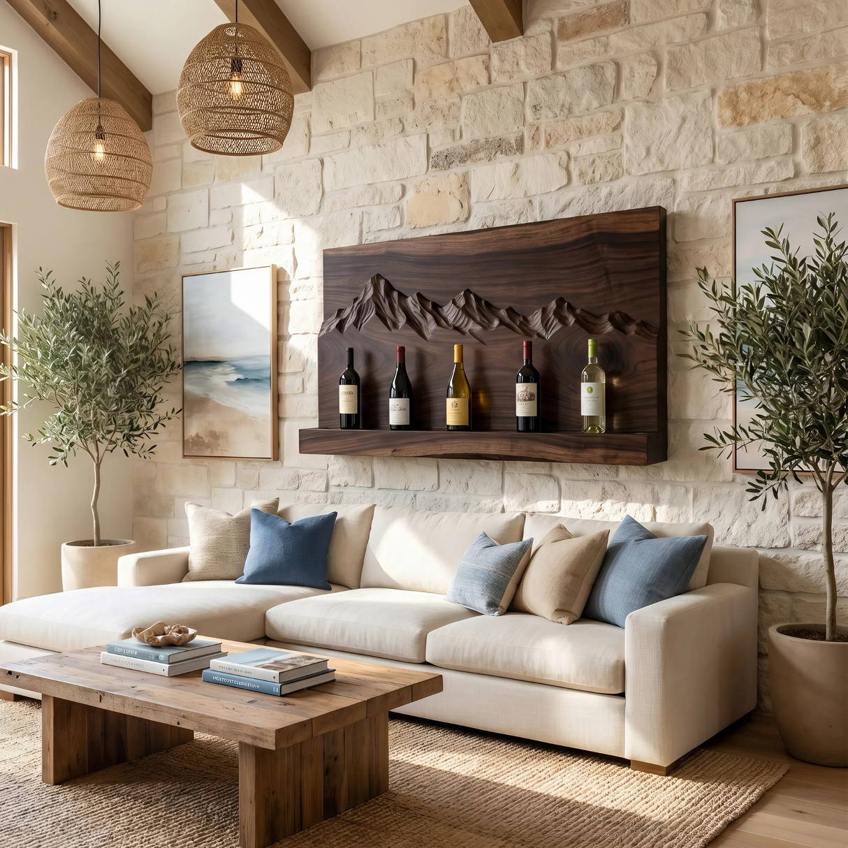 Rustic Mountain Inspired Wine Holder For Living Room Wall