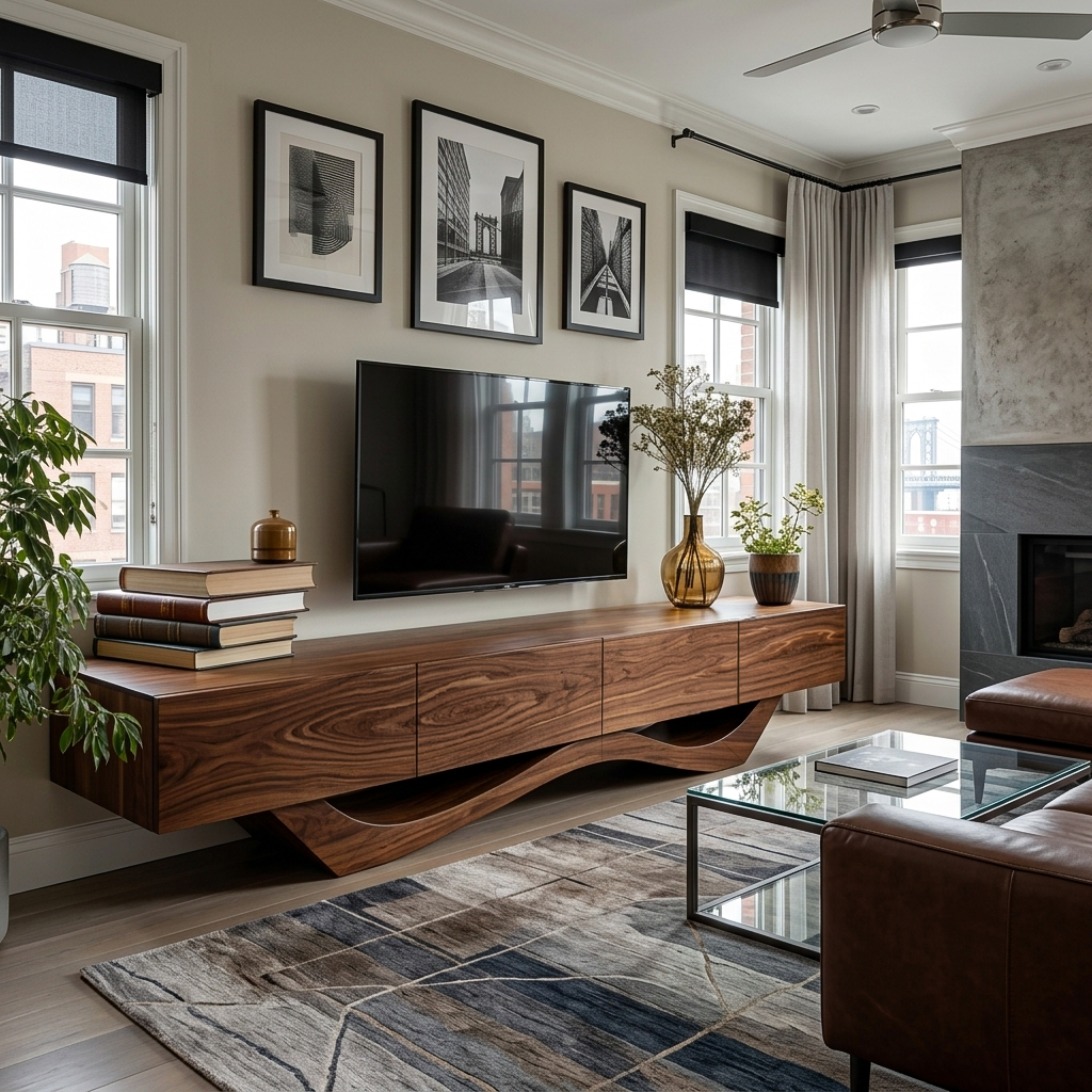 Mid Century TV Stand With Flowing Base For Living Room