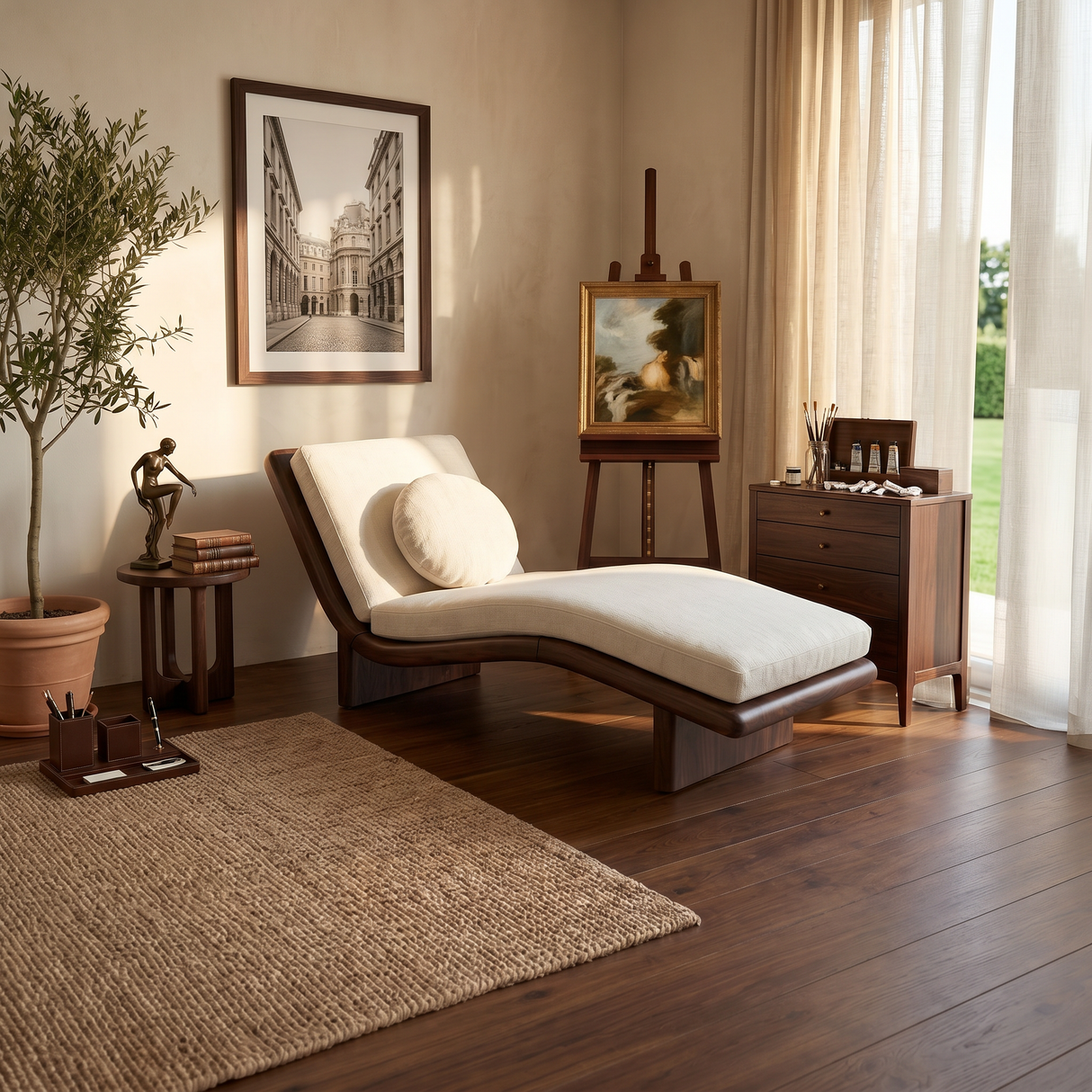 Minimalist Walnut Chaise Lounge Serene Coastal Retreat Living Space
