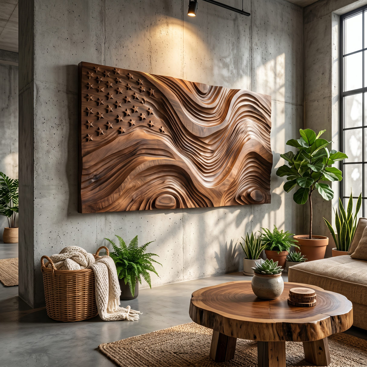Rustic American Flag Wall Panel With Wave Relief For Living Room