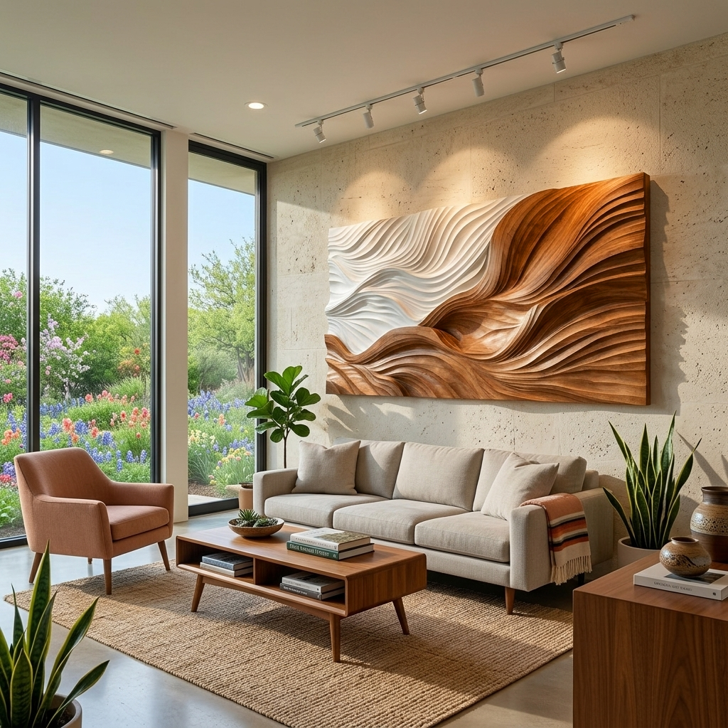 Modern Wooden Wall Art With Carved Wave For Home Decor