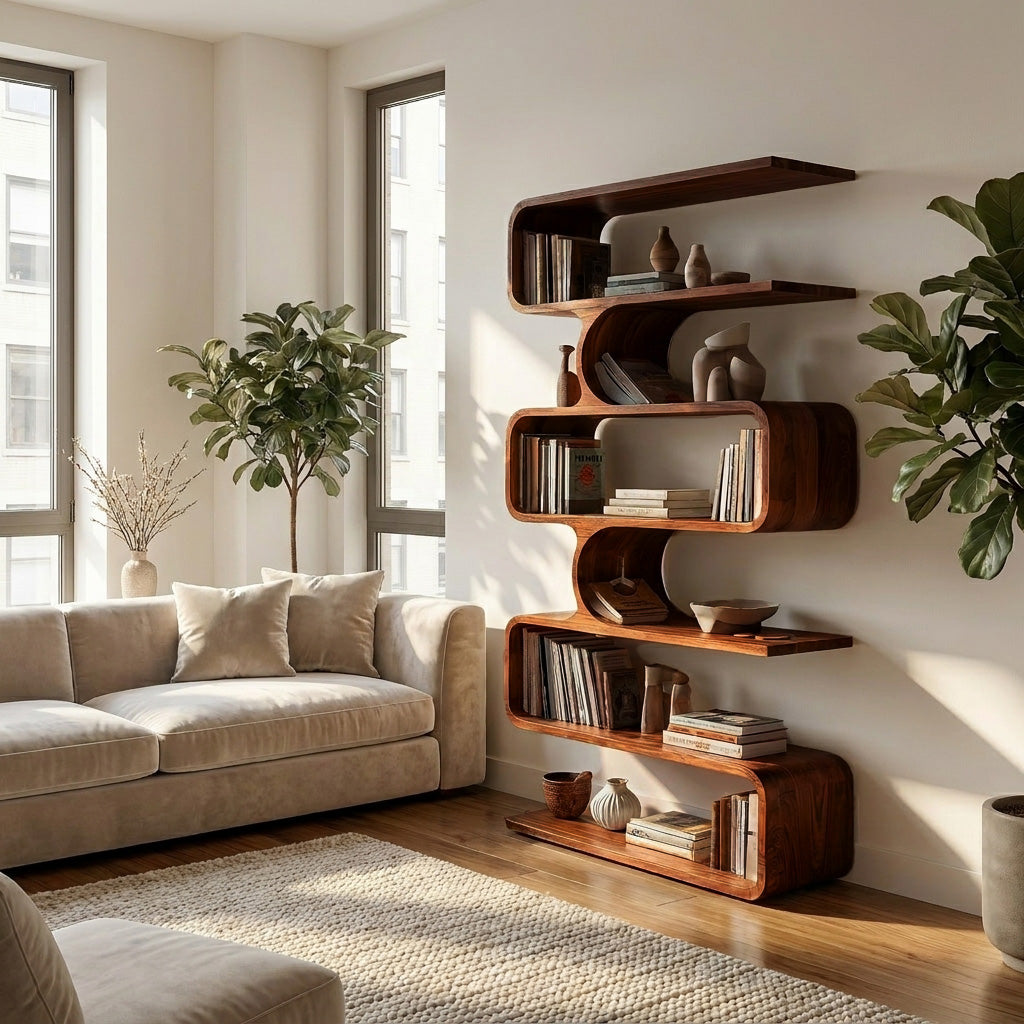 Handcrafted Wooden Bookshelf With Sculpture Edges For Living Room