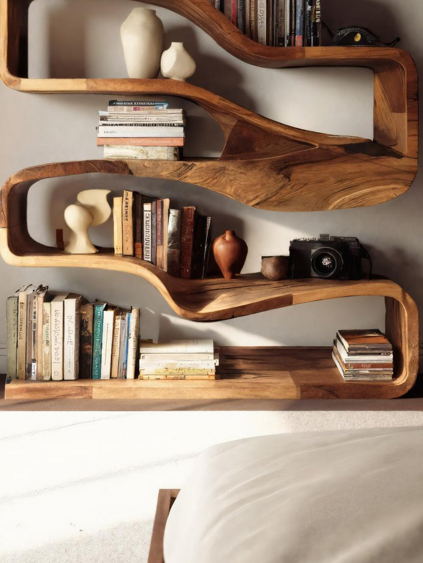 Modern Curved Bookshelf With Flowing Design For Bedroom
