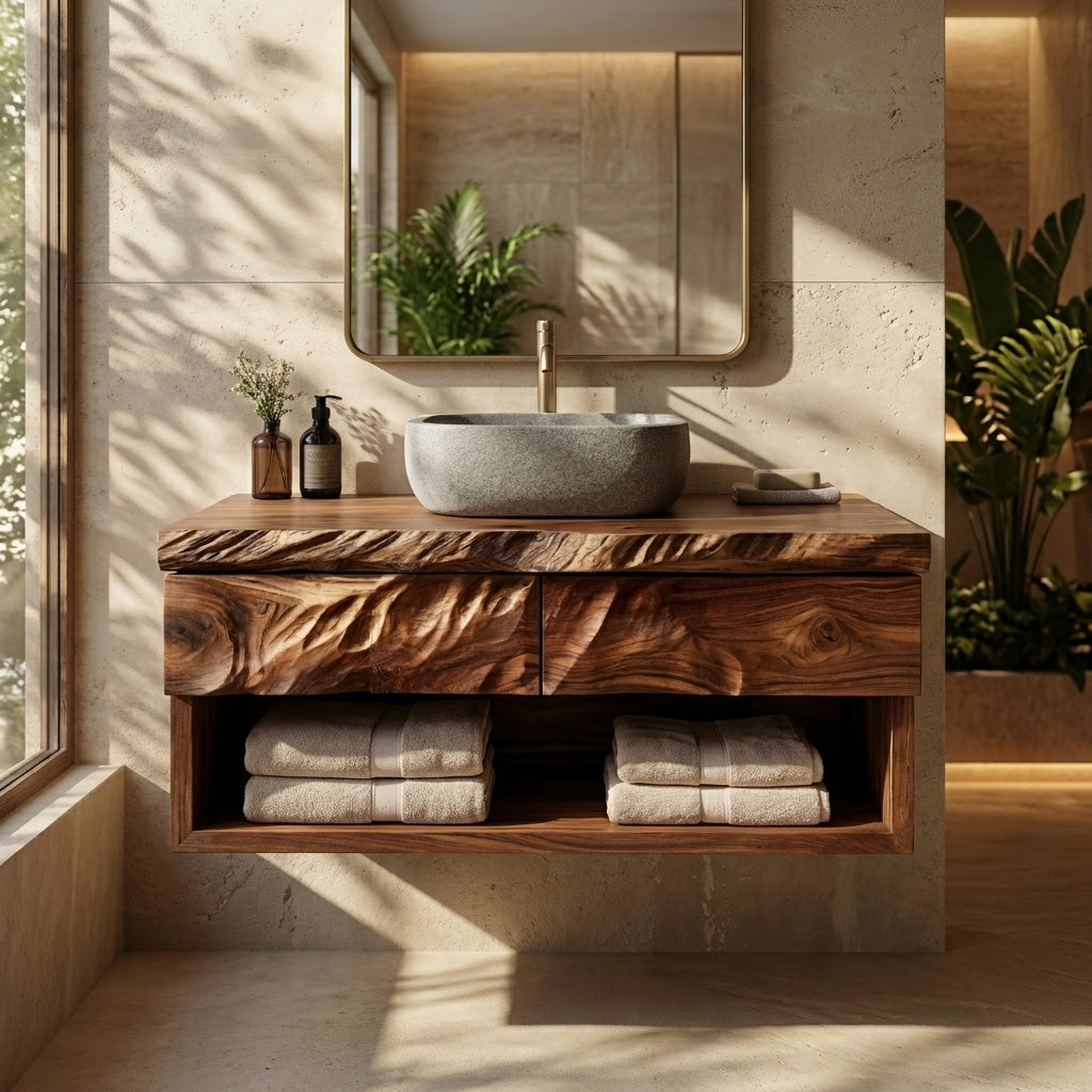 Modern Organic Floating Wooden Bathroom Vanity For Bathroom