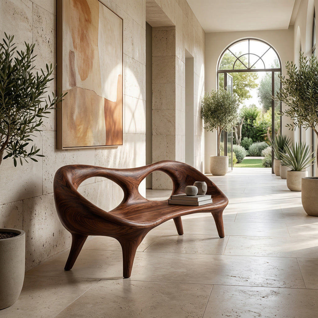 Contemporary Wood Bench With Hollowed-out Backrest For Living Room