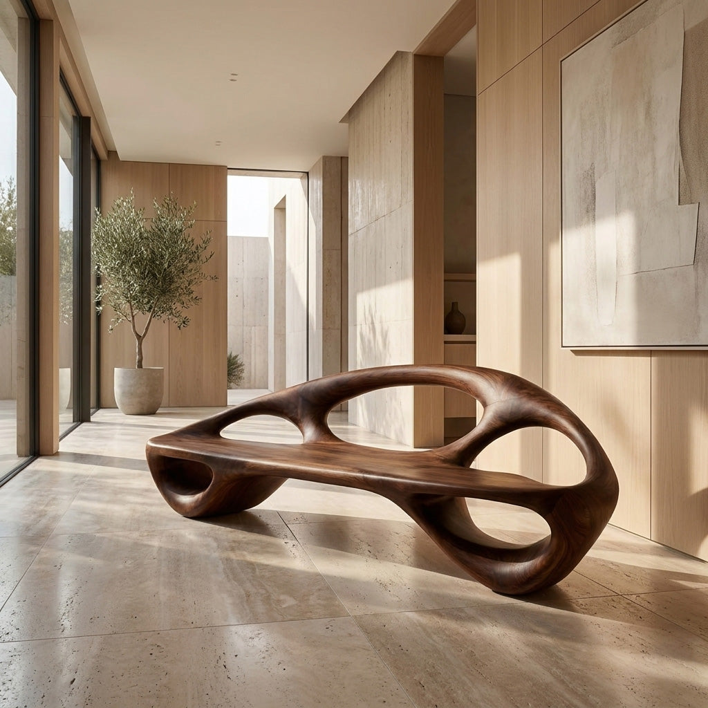 Minimalist Wood Bench With Sculptural Backrest For Living Room