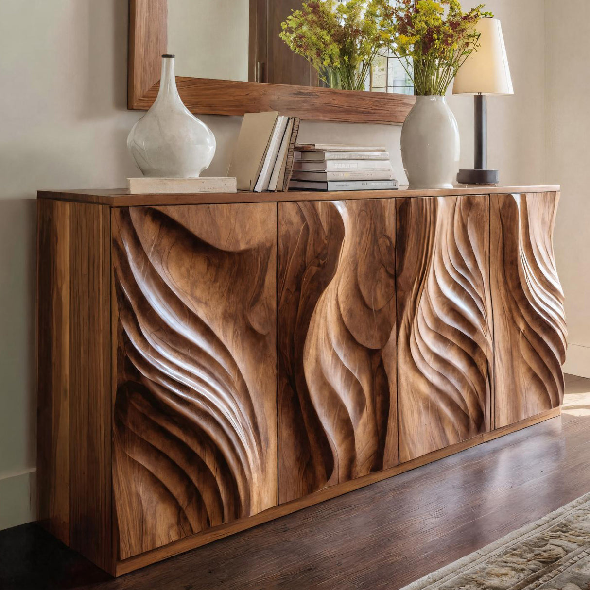 Luxury Credenza Sculpted Door Storage Furniture For Living