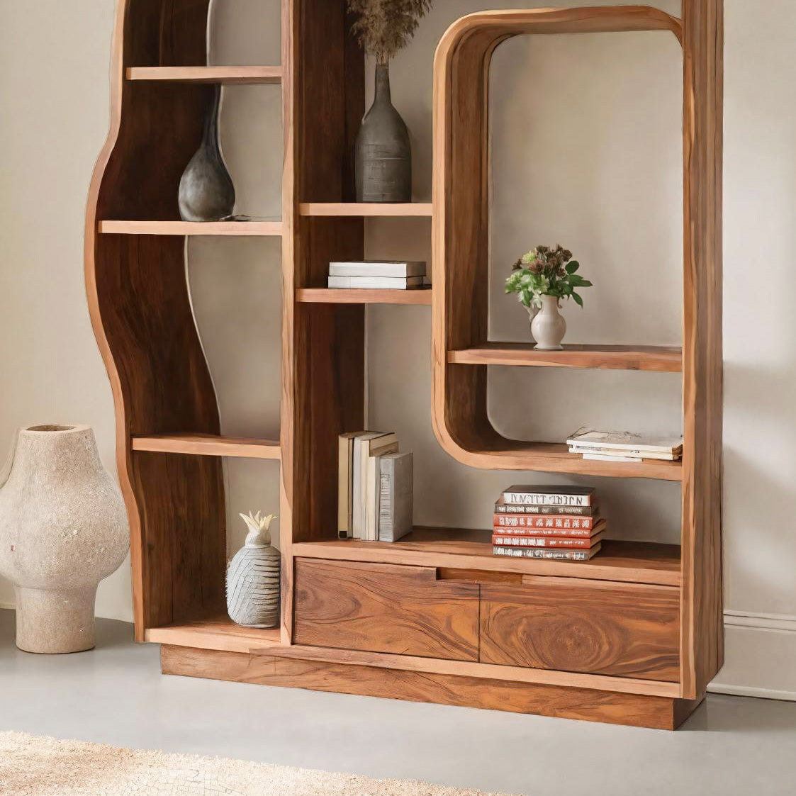 Minimalist Organic Bookshelf With Drawers For Home Decor