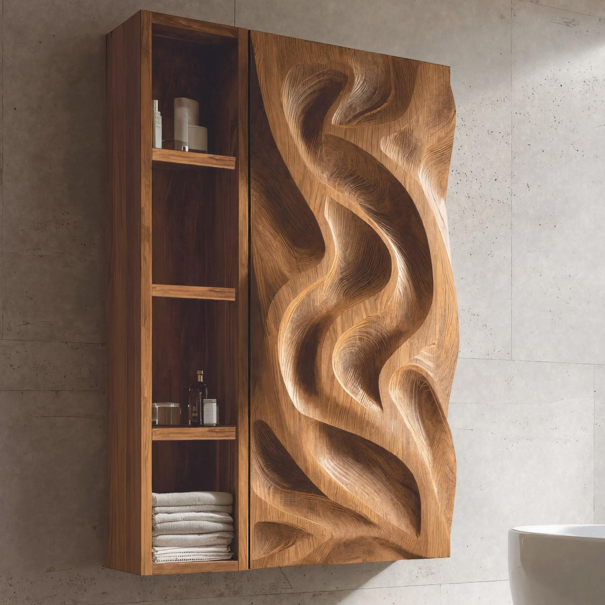 Hand-Carved Bathroom Cabinet Wave Door Design For Bathroom