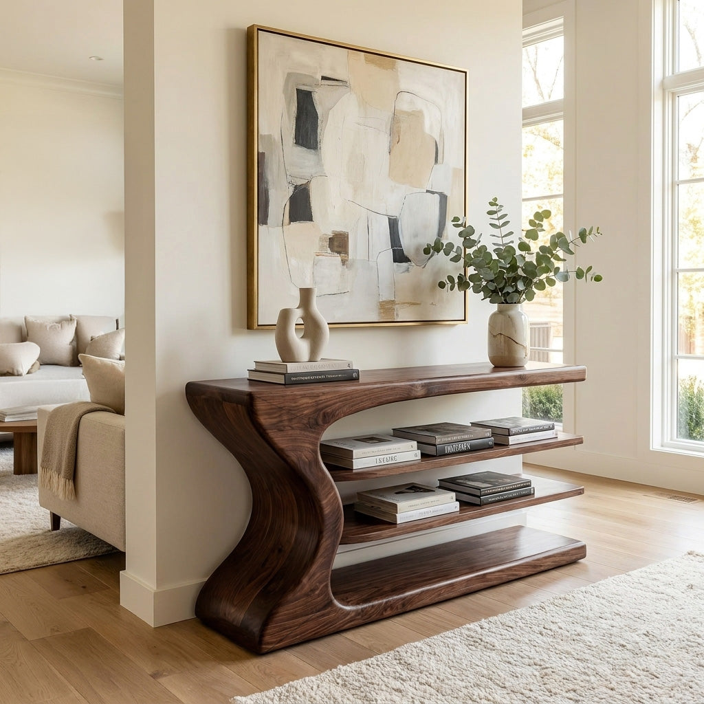 Artistic Natural Wood Console Table For Minimal Entry Interior