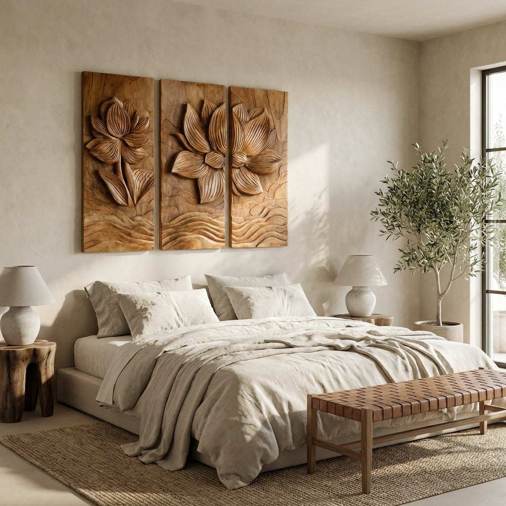 Modern Organic Lotus Wood Wall Art Set For Living Room