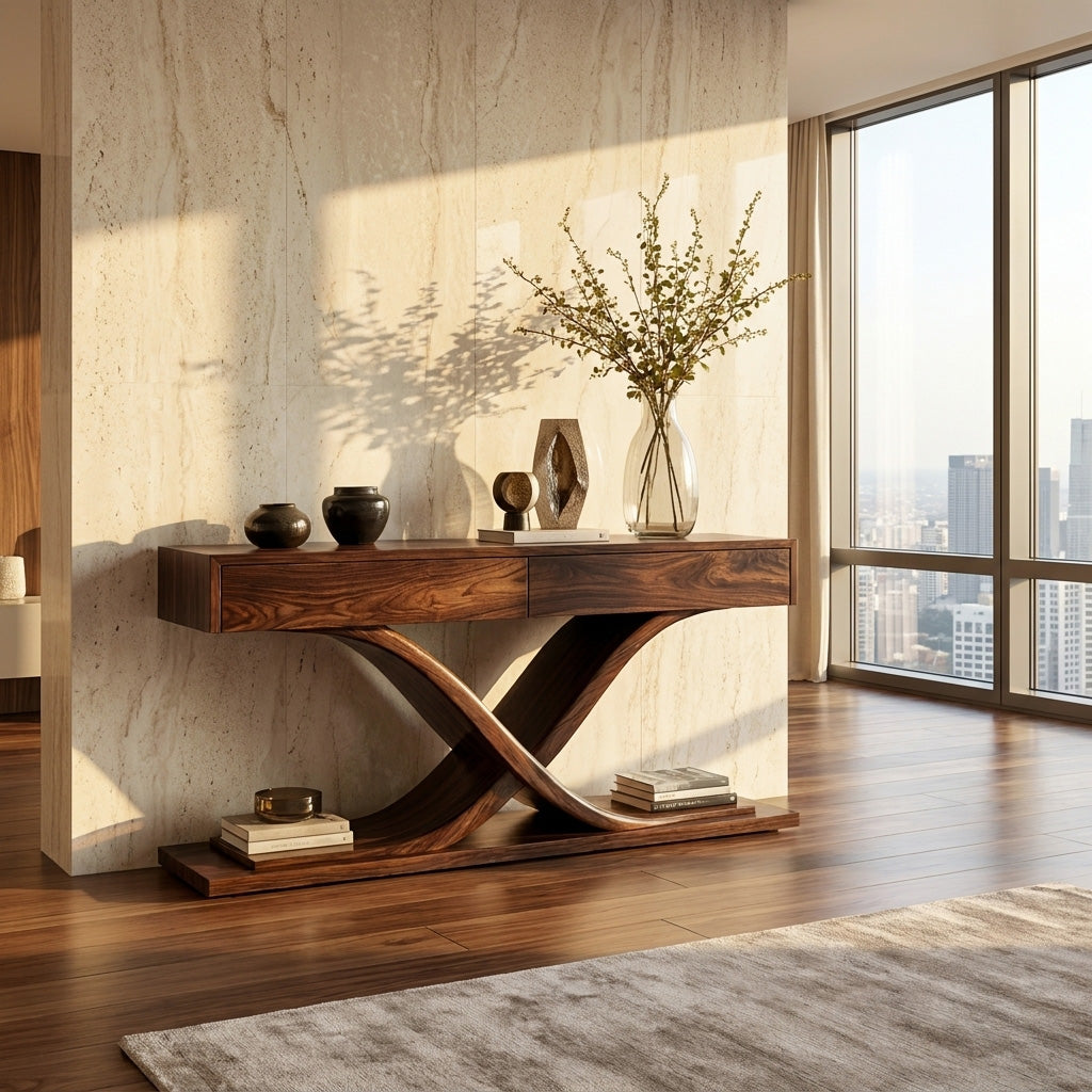 Sculptural Wooden Console Table For Modern Living Room