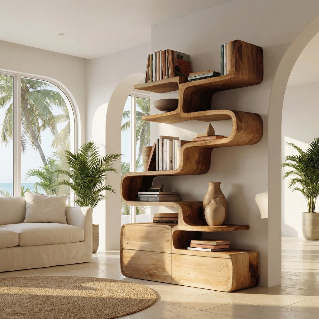 Scandinavian Sculptural Wooden Bookshelf For Living Room