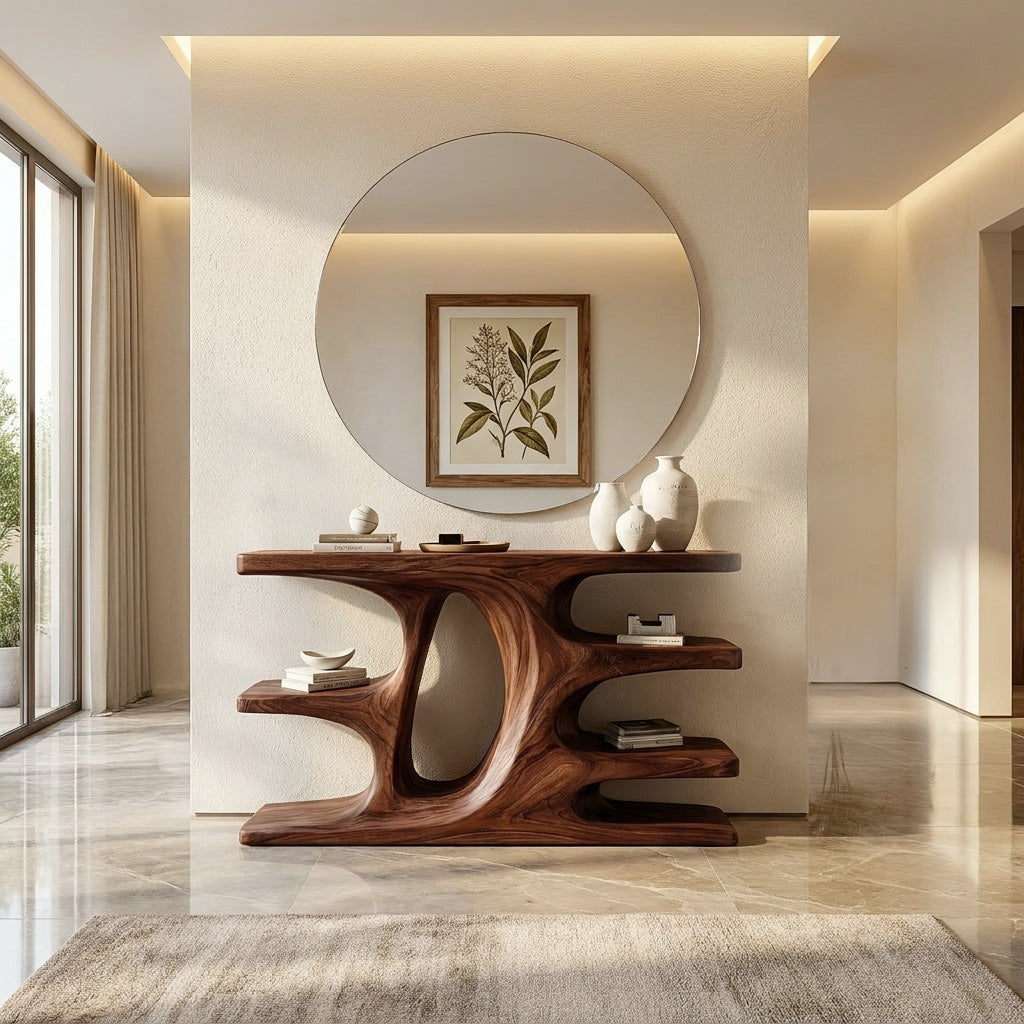 Contemporary Wooden Console Table With Shelf For Living Room
