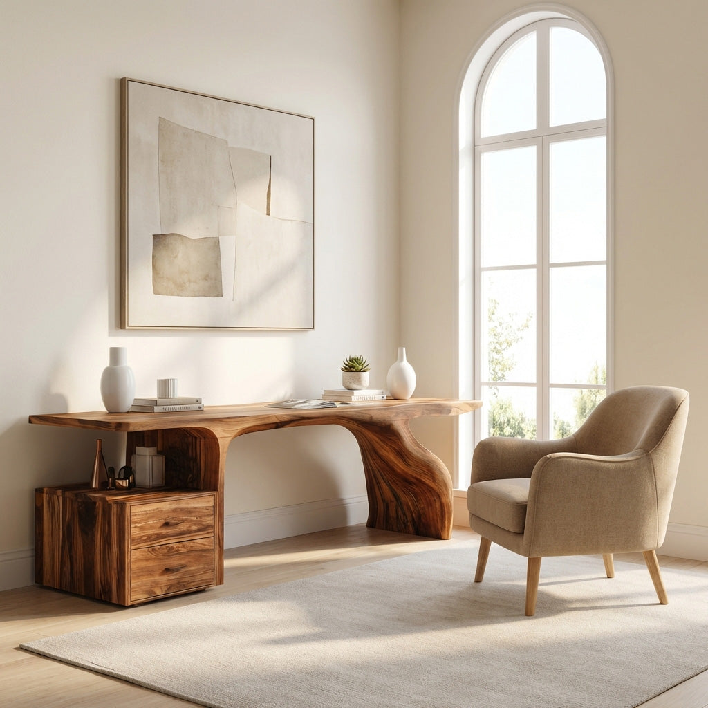 Organic Live Edge Wood Desk With Storage Drawers For Workspace