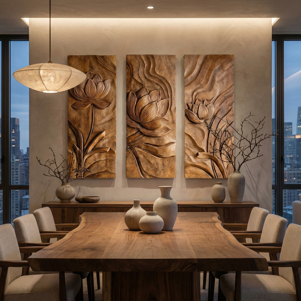 Scandinavian Minimalist Carved Wood Floral Art For Living Room