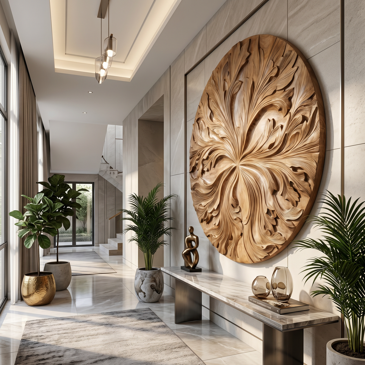 Round Wood Wall Decor With Floral Texture For Foyer