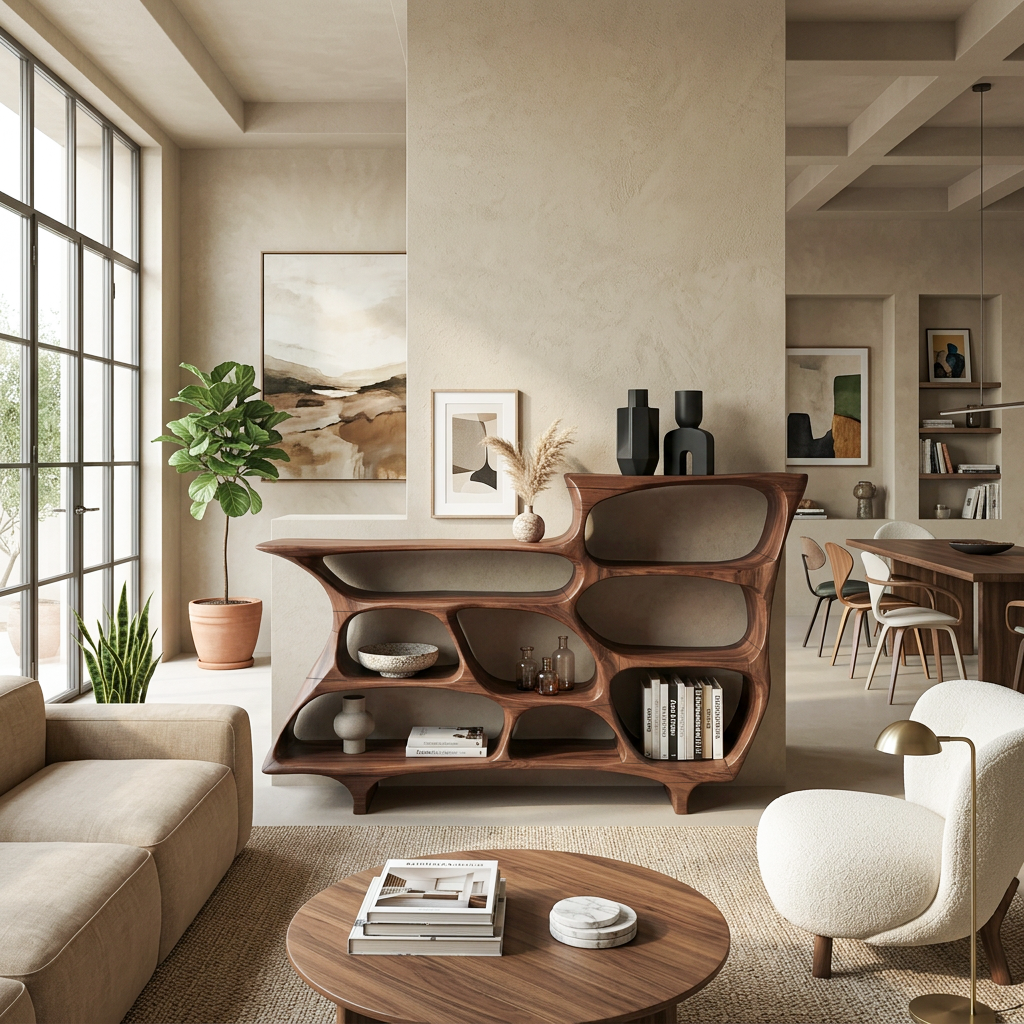 Contemporary Organic Bookshelf With Open Shelves For Living Room Or Office