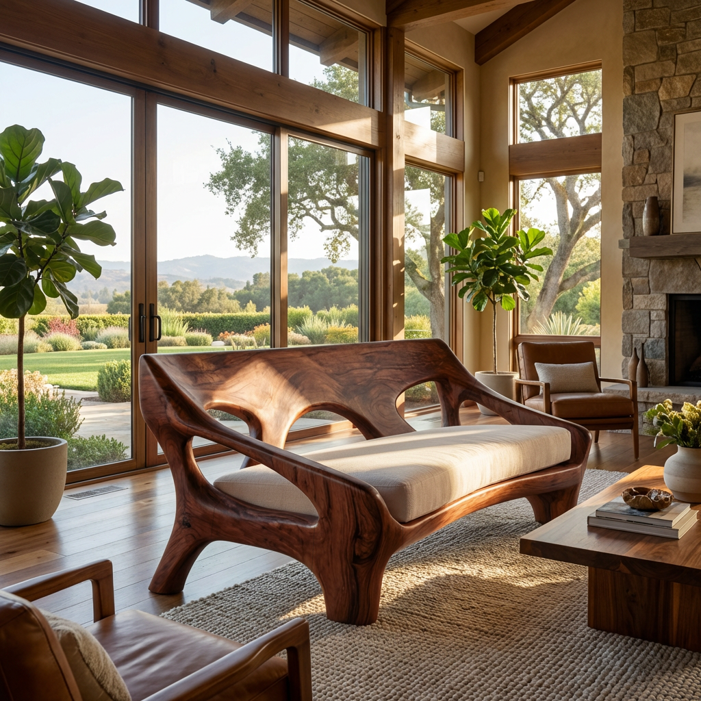 Modern Wood Sofa With Sculptural Open Frame For Living