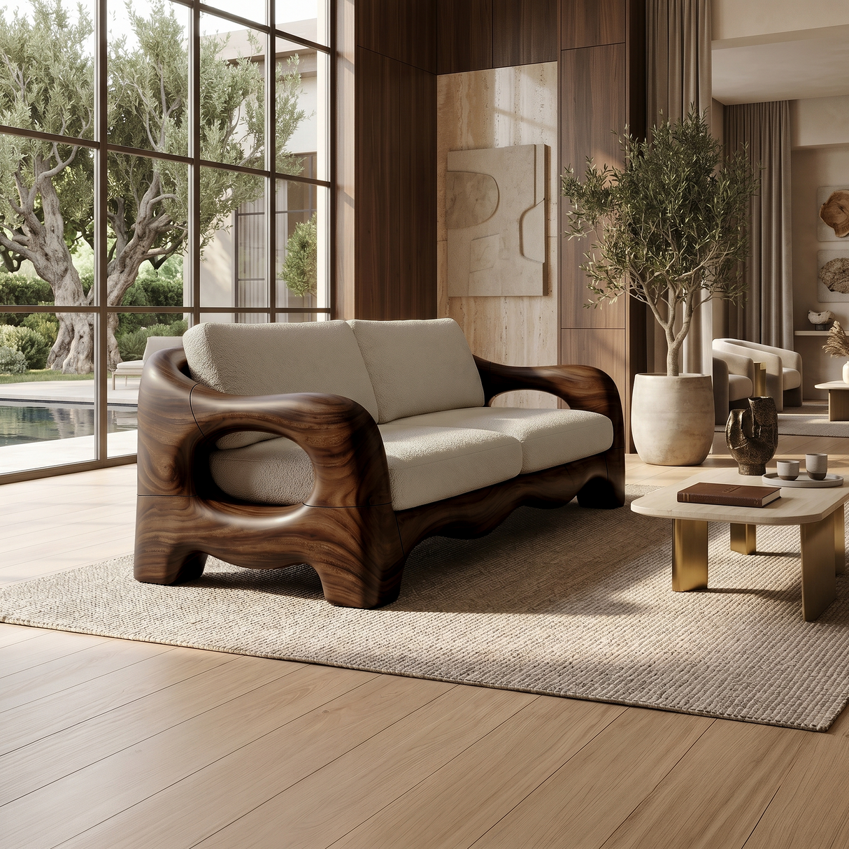 Contemporary Curved Wood Sofa Urban Apartment Interior