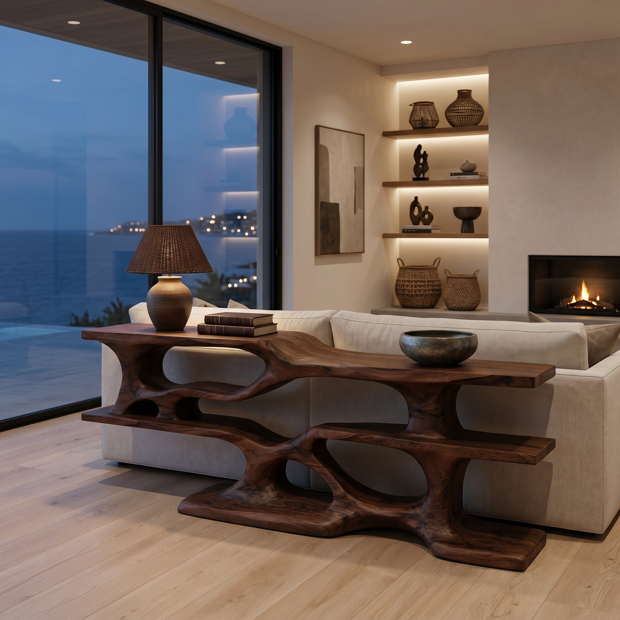 Wooden Console Table With Sculptural Open Shelves For Living