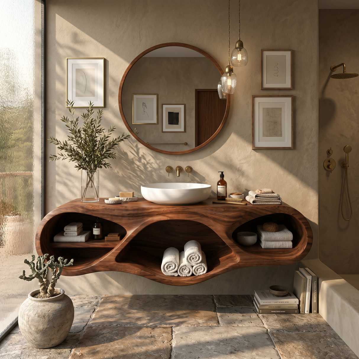 Organic Bathroom Vanity With Oval Open Shelves For Spa Bathroom