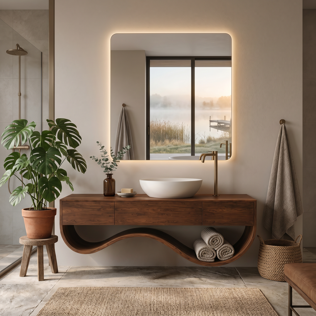 Luxury Bathroom Vanity Cabinet With Undulating Open Shelf For Bath
