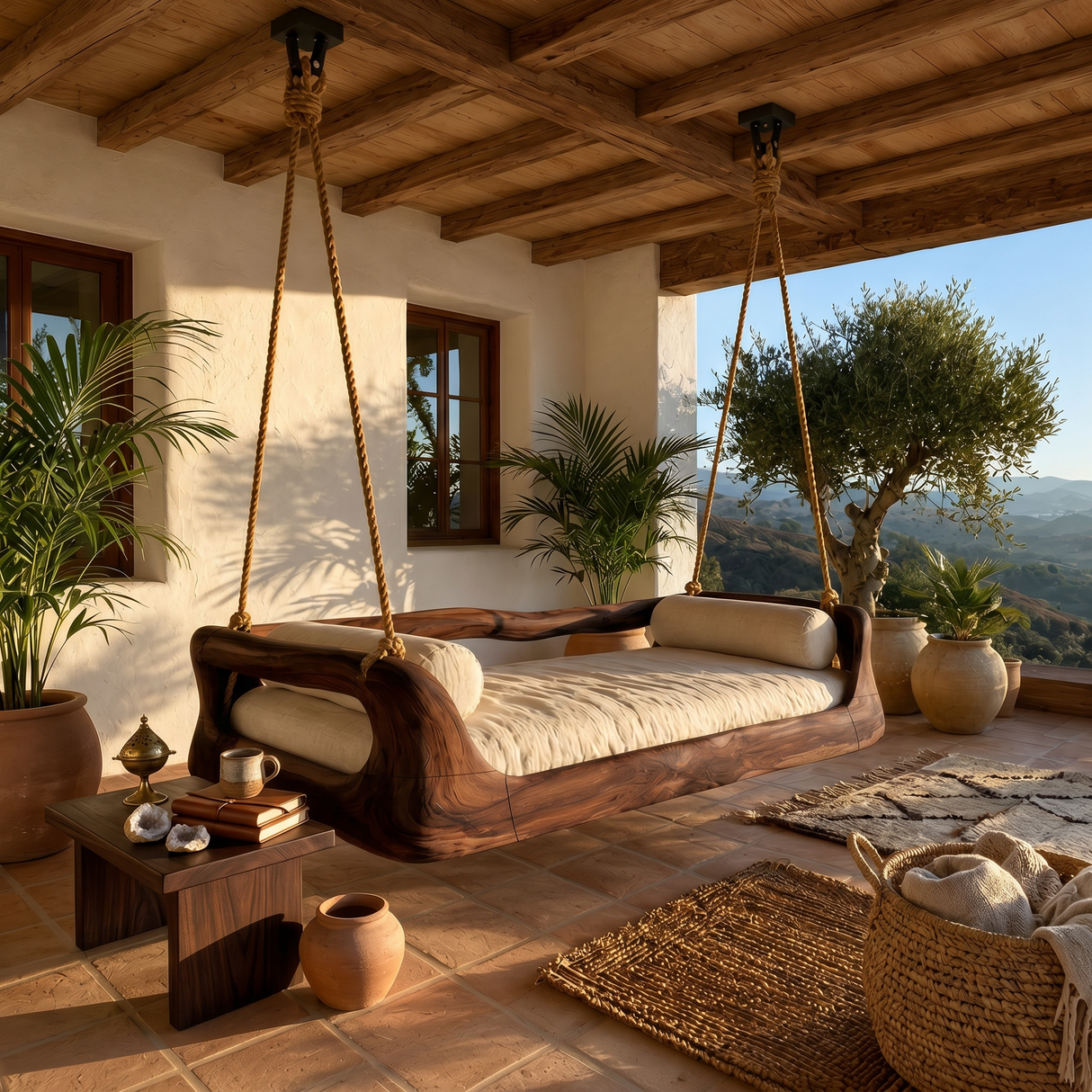 Sculptural Organic Wood Hanging Daybed Swing Penthouse Balcony