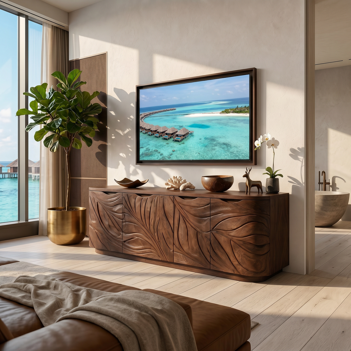 Contemporary Wooden Media Console For Urban Interior