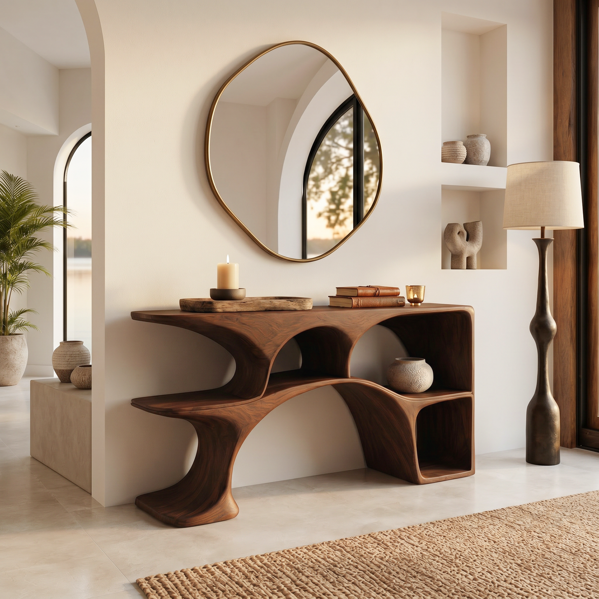 Modern Wooden Console Table With Sculptural Open Shelves For Living