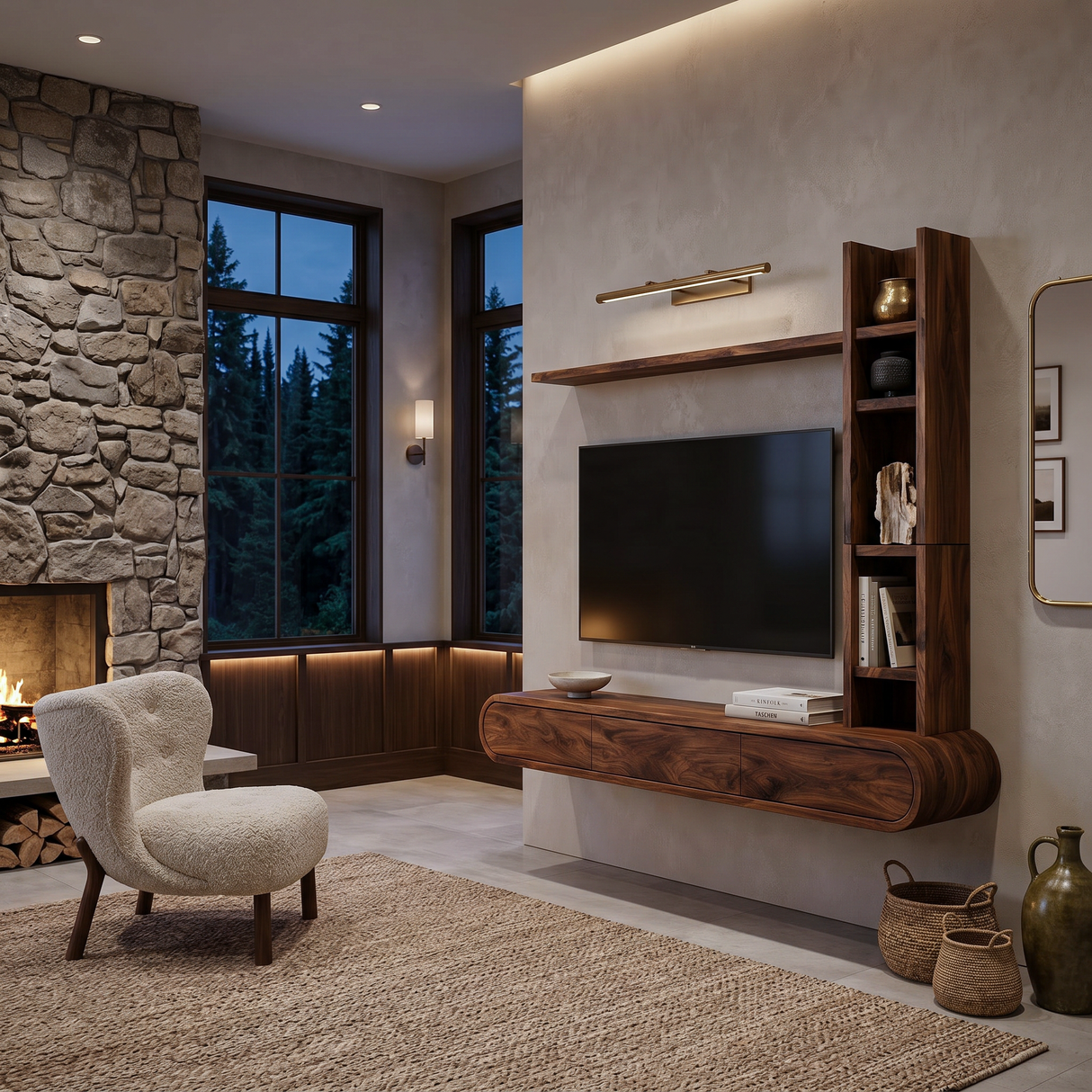 Wooden Floating TV Stand With Tall Open Shelf For Living