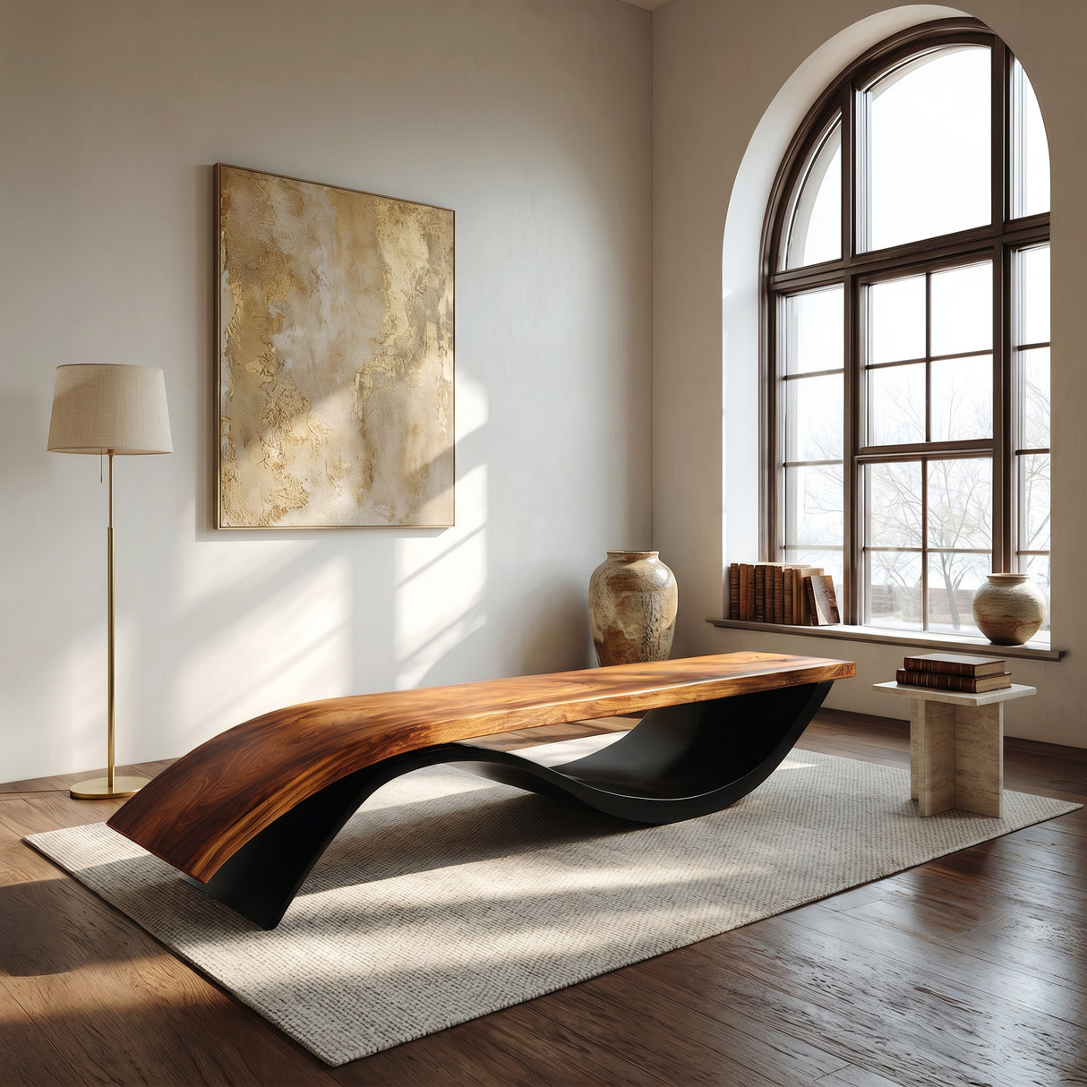 Handcrafted Wooden Bench With Unique Undulating Form For Living Room